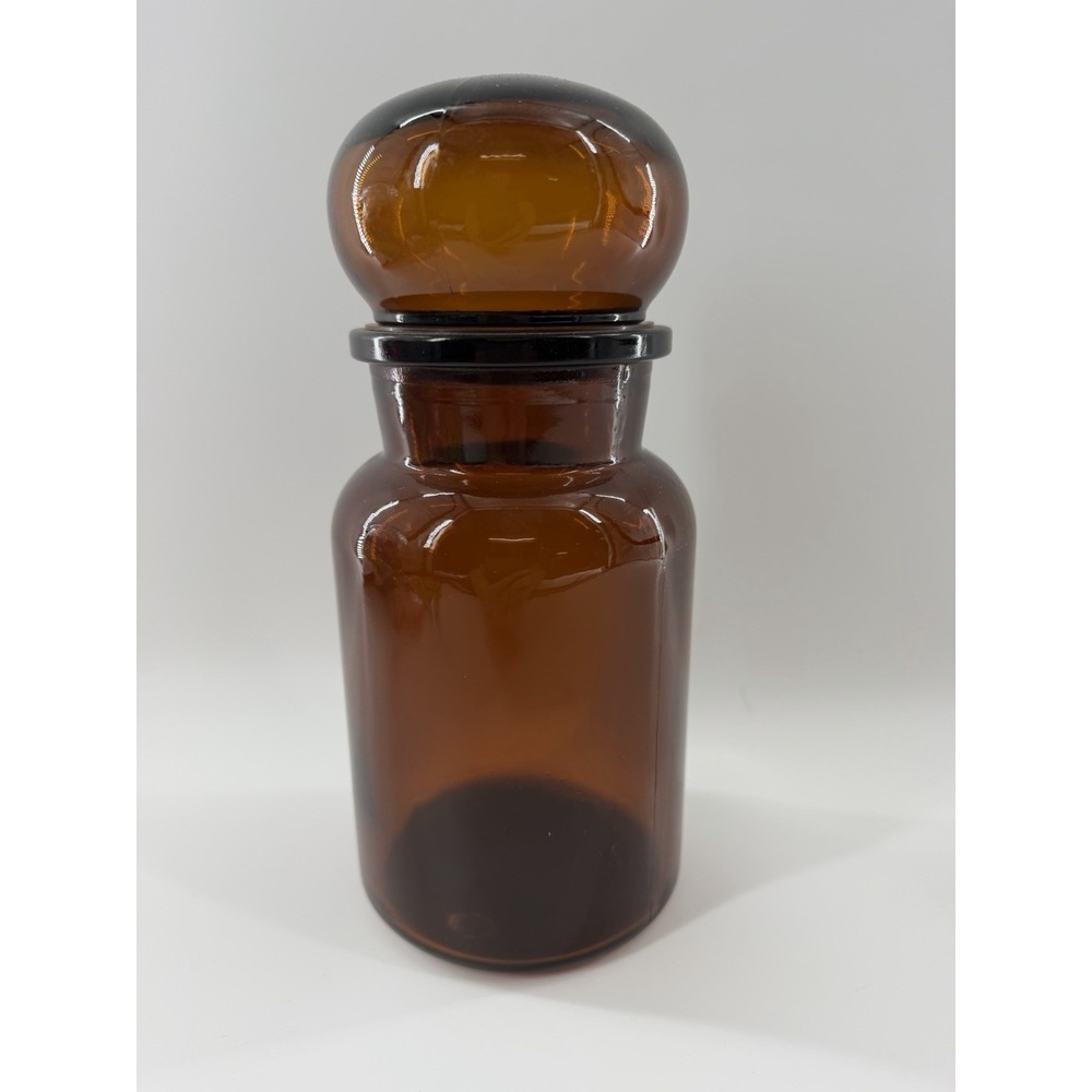 Vintage Amber Apothecary Glass Jar Bottle Bubble Lid Made in Belgium Medium MCM